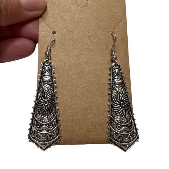Boho Antique Silver Geometric Embossed Detail Drop Earrings - Picture 3 of 6